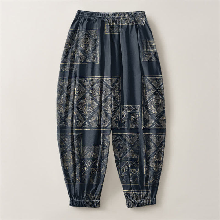 Buddha Stones Pantalones harem para hombre de algodón puro con estampado étnico de celosía, cordón ajustable y bolsillos. - image 2