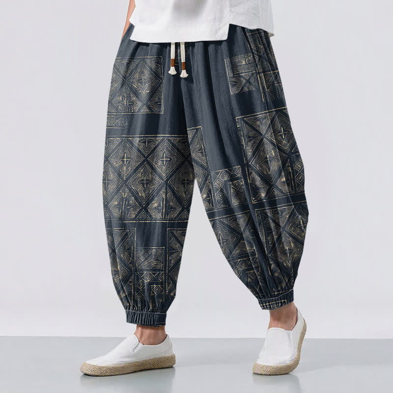 Buddha Stones Pantalones harem para hombre de algodón puro con estampado étnico de celosía, cordón ajustable y bolsillos. - Gris pizarra oscuro - US/UK/AU50, EU60 (5XL) - image 0