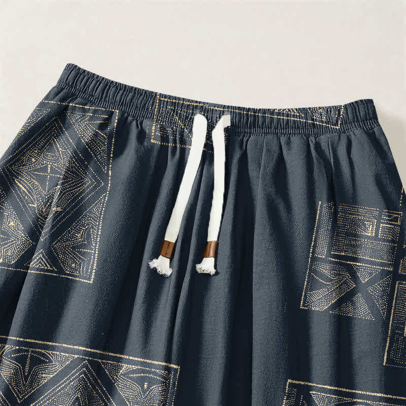 Buddha Stones Pantalones harem para hombre de algodón puro con estampado étnico de celosía, cordón ajustable y bolsillos. - image 3