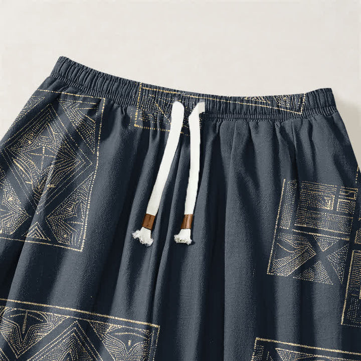 Buddha Stones Pantalones harem para hombre de algodón puro con estampado étnico de celosía, cordón ajustable y bolsillos. - image 3