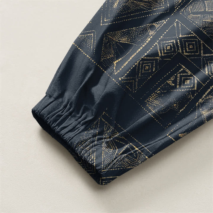 Buddha Stones Pantalones harem para hombre de algodón puro con estampado étnico de celosía, cordón ajustable y bolsillos. - image 4