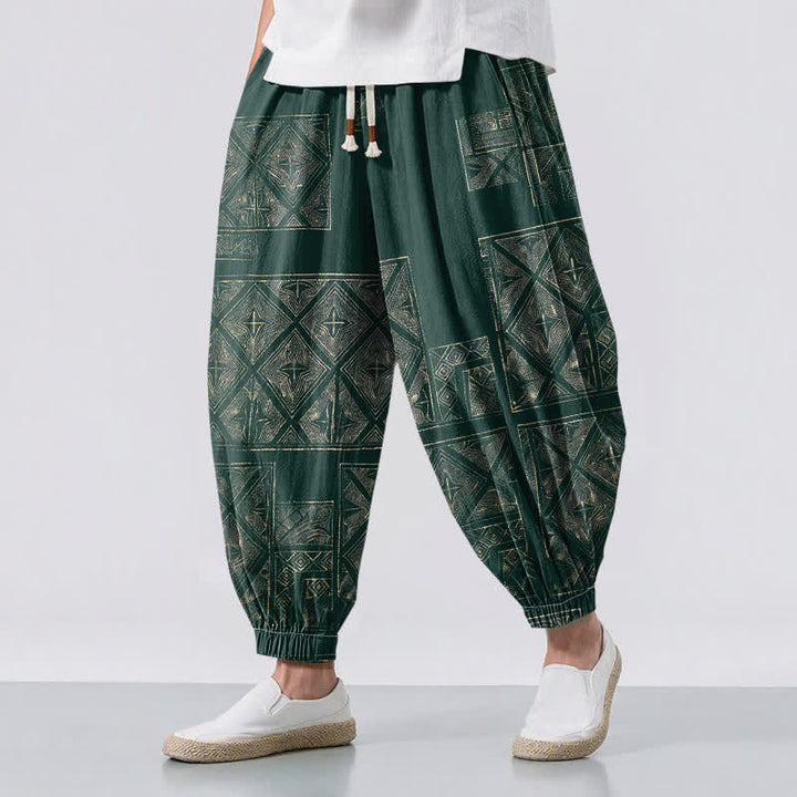 Buddha Stones Pantalones harem para hombre de algodón puro con estampado étnico de celosía, cordón ajustable y bolsillos. - Verde oscuro - US/UK/AU50, EU60 (5XL) - image 6