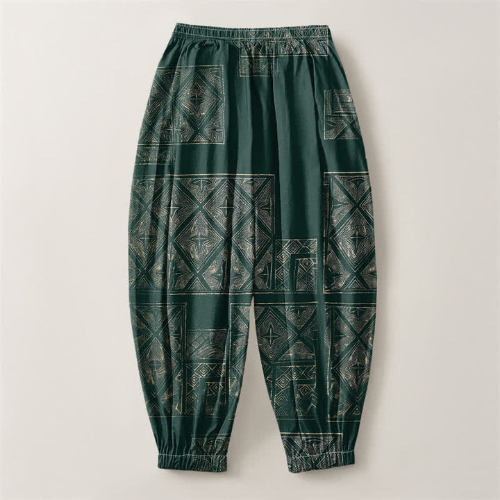 Buddha Stones Pantalones harem para hombre de algodón puro con estampado étnico de celosía, cordón ajustable y bolsillos. - image 8