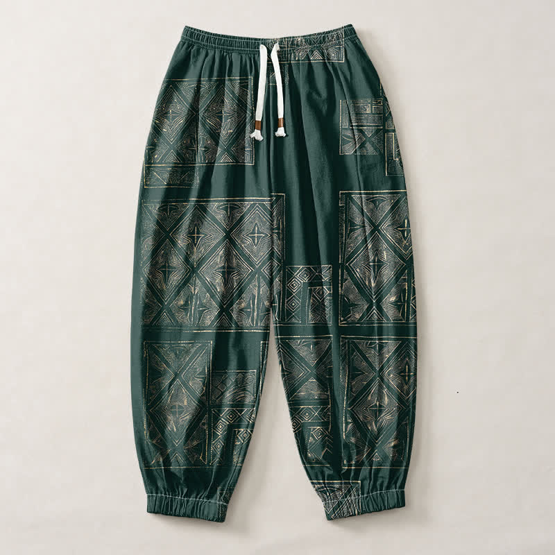 Buddha Stones Pantalones harem para hombre de algodón puro con estampado étnico de celosía, cordón ajustable y bolsillos. - image 7