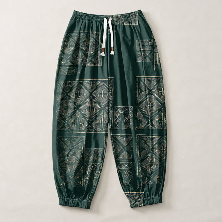 Buddha Stones Pantalones harem para hombre de algodón puro con estampado étnico de celosía, cordón ajustable y bolsillos. - image 7