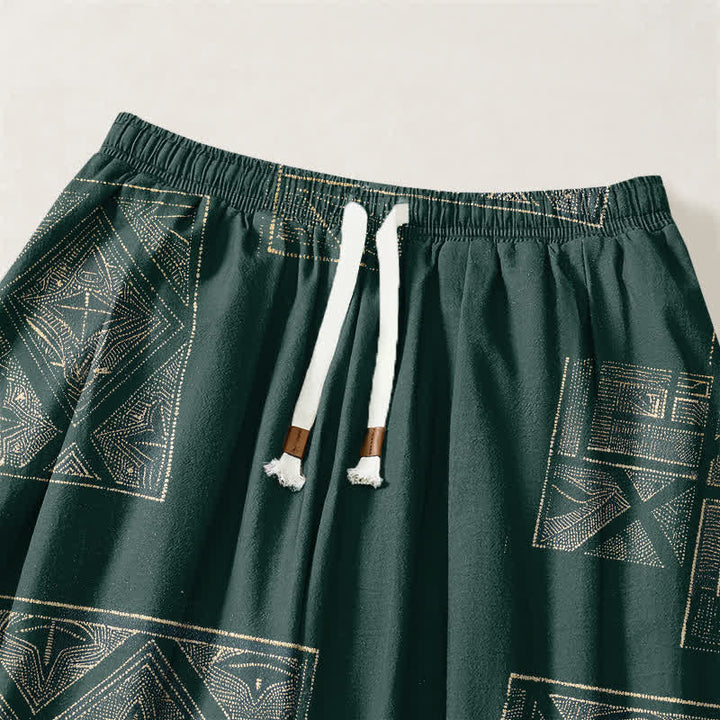 Buddha Stones Pantalones harem para hombre de algodón puro con estampado étnico de celosía, cordón ajustable y bolsillos. - image 9