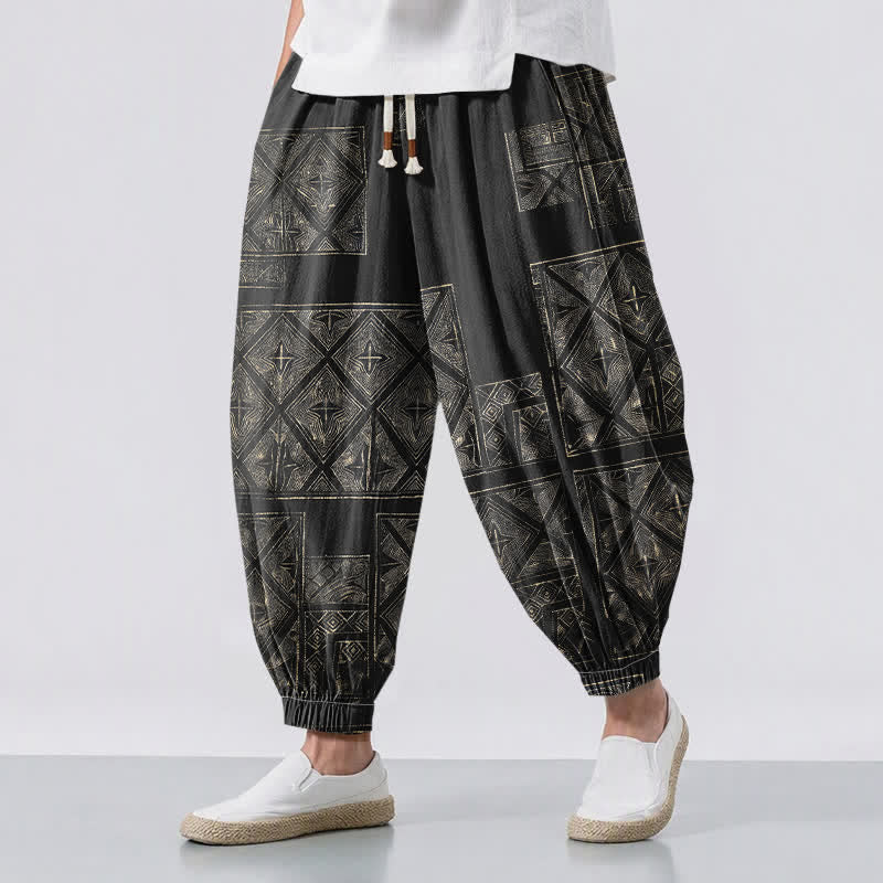Buddha Stones Pantalones harem para hombre de algodón puro con estampado étnico de celosía, cordón ajustable y bolsillos. - Negro - US/UK/AU50, EU60 (5XL) - image 12