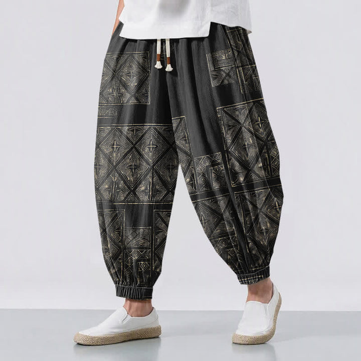 Buddha Stones Pantalones harem para hombre de algodón puro con estampado étnico de celosía, cordón ajustable y bolsillos. - Negro - US/UK/AU50, EU60 (5XL) - image 12