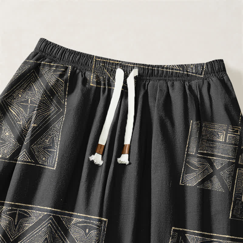 Buddha Stones Pantalones harem para hombre de algodón puro con estampado étnico de celosía, cordón ajustable y bolsillos. - image 15