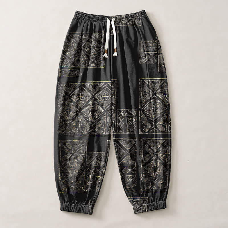 Buddha Stones Pantalones harem para hombre de algodón puro con estampado étnico de celosía, cordón ajustable y bolsillos. - image 13
