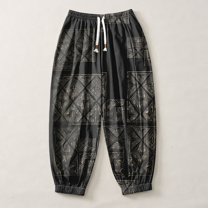 Buddha Stones Pantalones harem para hombre de algodón puro con estampado étnico de celosía, cordón ajustable y bolsillos. - image 13