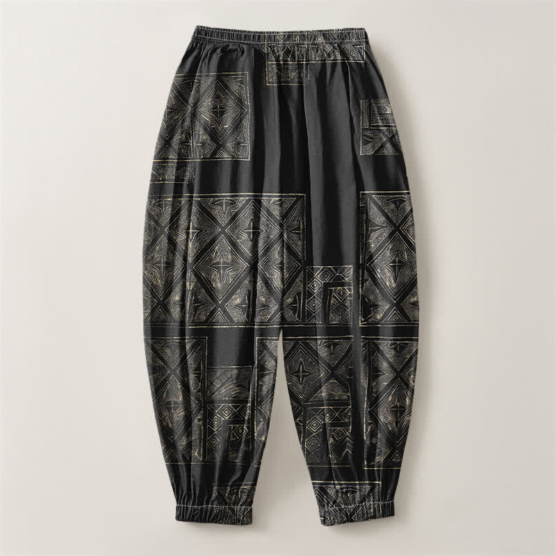 Buddha Stones Pantalones harem para hombre de algodón puro con estampado étnico de celosía, cordón ajustable y bolsillos. - image 14