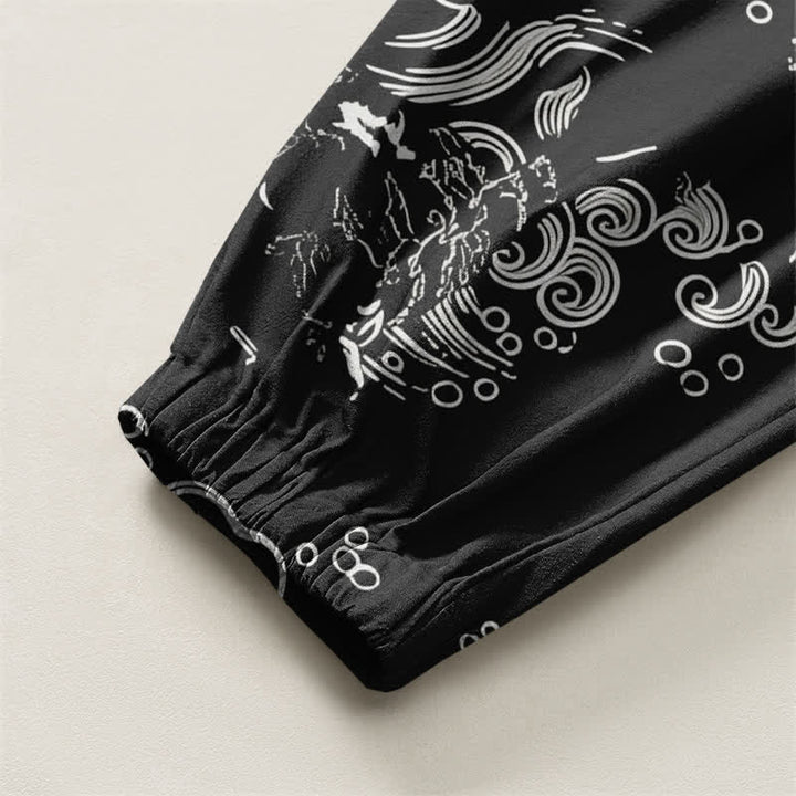 Buddha Stones Pantalones harem para hombre de algodón puro con estampado de nubes y ondas, cordón ajustable y bolsillos. - image 4