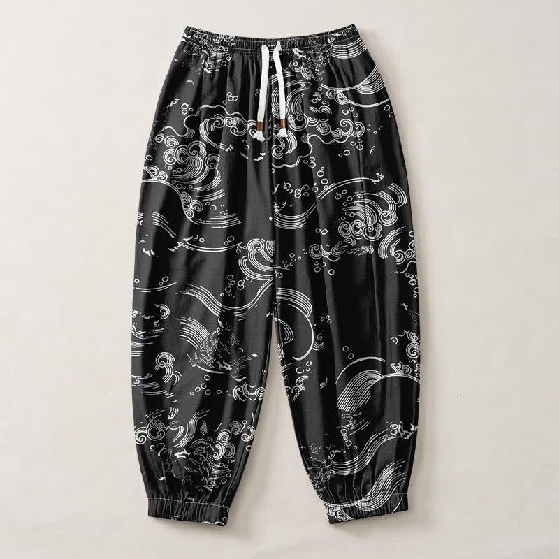 Buddha Stones Pantalones harem para hombre de algodón puro con estampado de nubes y ondas, cordón ajustable y bolsillos. - image 1