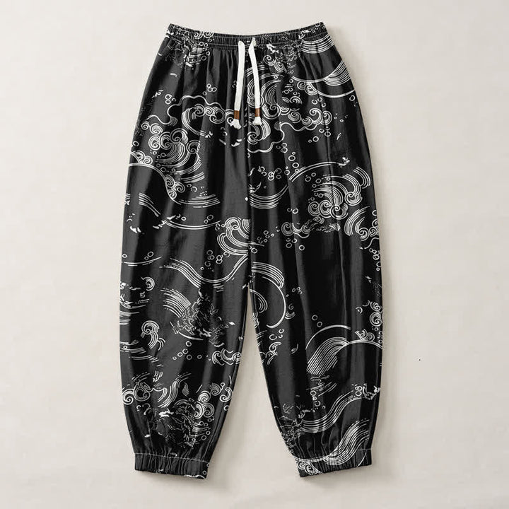Buddha Stones Pantalones harem para hombre de algodón puro con estampado de nubes y ondas, cordón ajustable y bolsillos. - image 1
