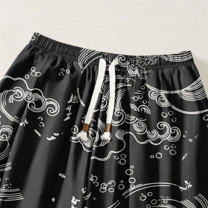 Buddha Stones Pantalones harem para hombre de algodón puro con estampado de nubes y ondas, cordón ajustable y bolsillos. - image 3