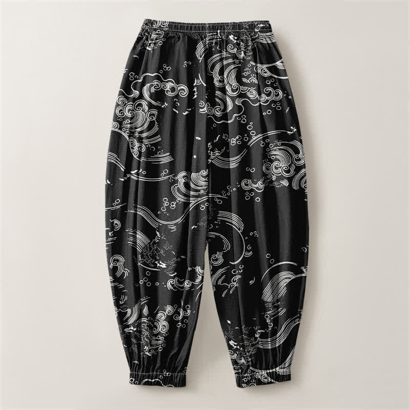 Buddha Stones Pantalones harem para hombre de algodón puro con estampado de nubes y ondas, cordón ajustable y bolsillos. - image 2