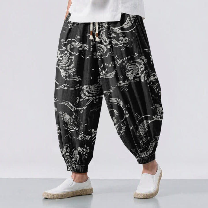 Buddha Stones Pantalones harem para hombre de algodón puro con estampado de nubes y ondas, cordón ajustable y bolsillos. - Negro - US/UK/AU50, EU60 (5XL) - image 0