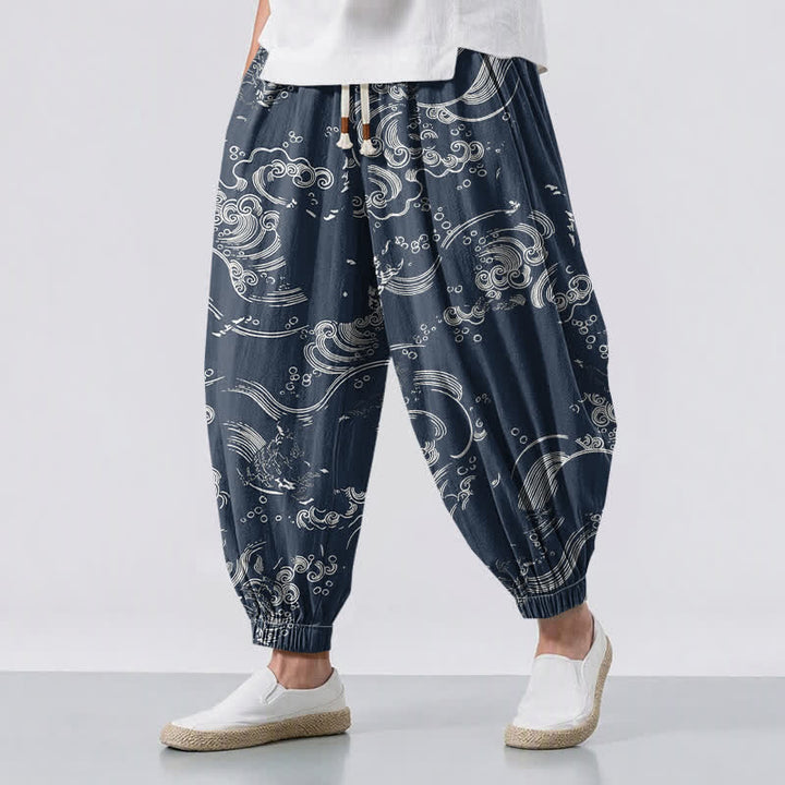 Buddha Stones Pantalones harem para hombre de algodón puro con estampado de nubes y ondas, cordón ajustable y bolsillos. - Marina de guerra - US/UK/AU50, EU60 (5XL) - image 6