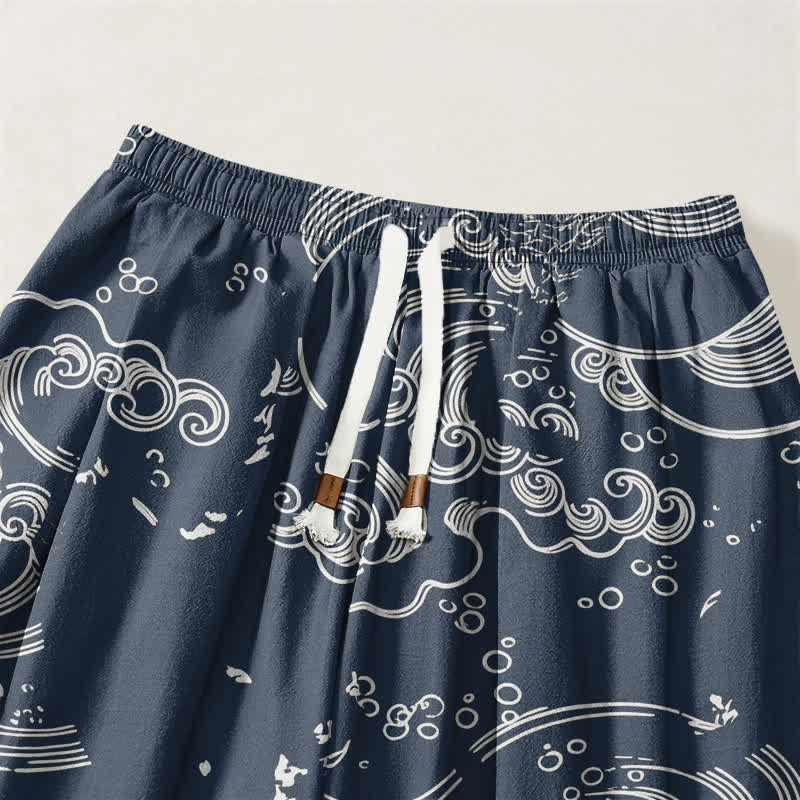 Buddha Stones Pantalones harem para hombre de algodón puro con estampado de nubes y ondas, cordón ajustable y bolsillos. - image 9