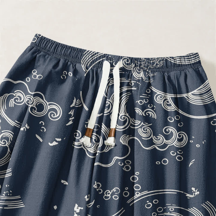 Buddha Stones Pantalones harem para hombre de algodón puro con estampado de nubes y ondas, cordón ajustable y bolsillos. - image 9