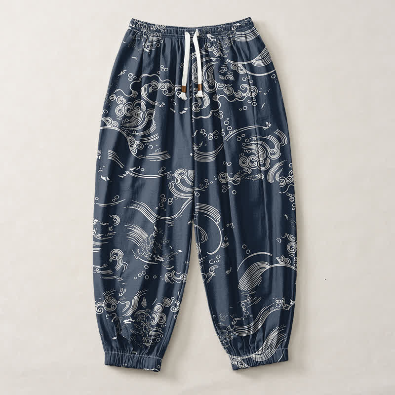 Buddha Stones Pantalones harem para hombre de algodón puro con estampado de nubes y ondas, cordón ajustable y bolsillos. - image 7