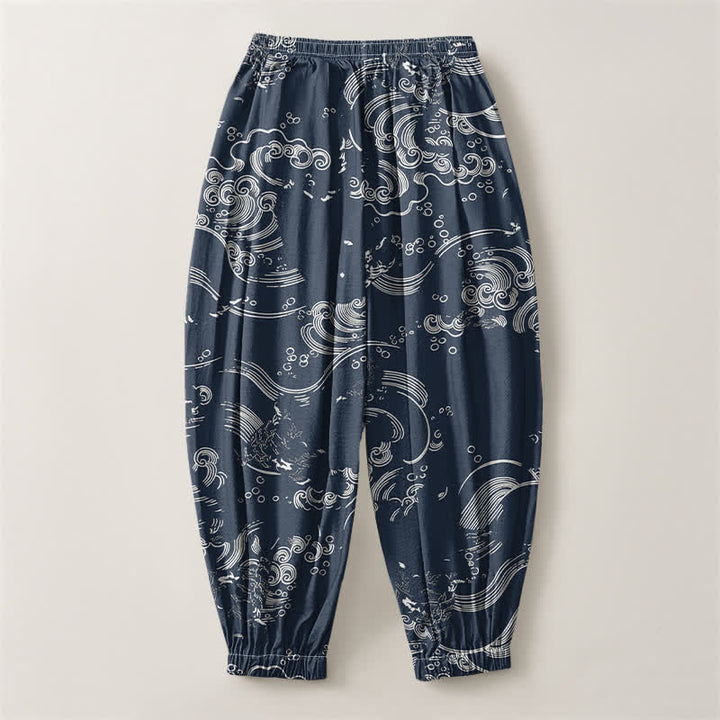 Buddha Stones Pantalones harem para hombre de algodón puro con estampado de nubes y ondas, cordón ajustable y bolsillos. - image 8