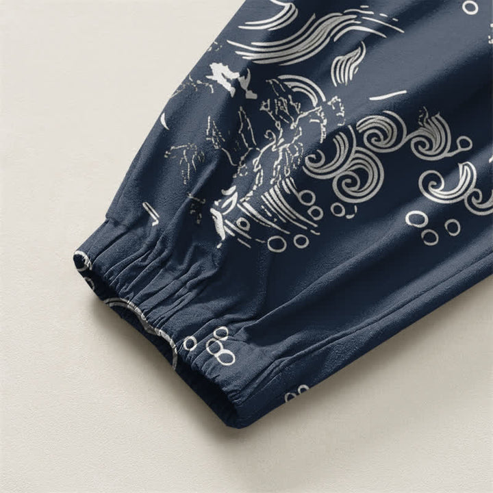 Buddha Stones Pantalones harem para hombre de algodón puro con estampado de nubes y ondas, cordón ajustable y bolsillos. - image 10