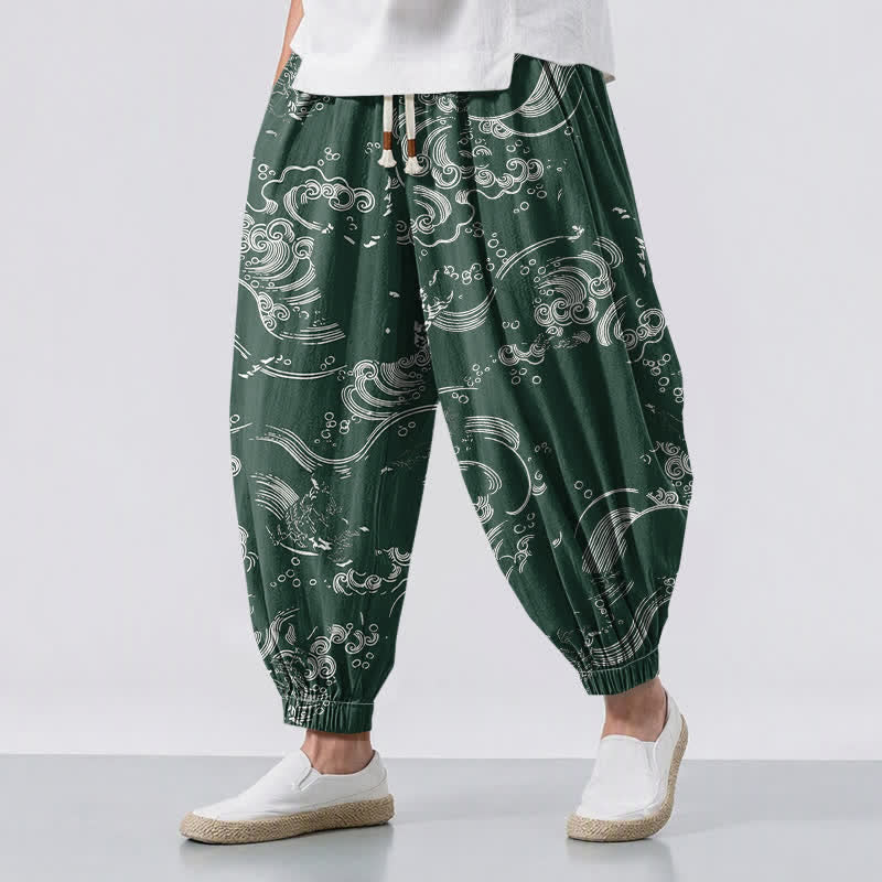 Buddha Stones Pantalones harem para hombre de algodón puro con estampado de nubes y ondas, cordón ajustable y bolsillos. - Verde oscuro - US/UK/AU50, EU60 (5XL) - image 12