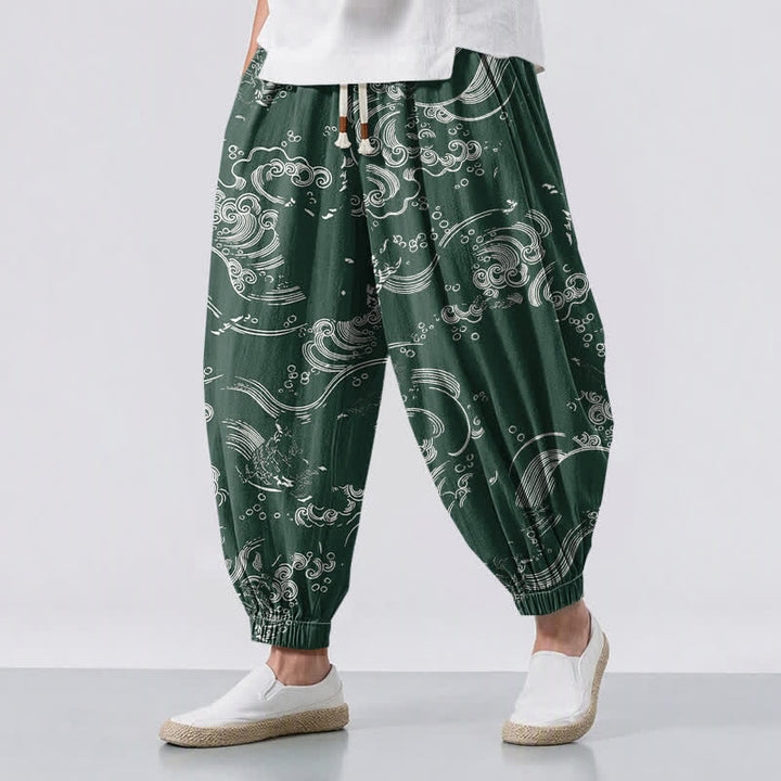 Buddha Stones Pantalones harem para hombre de algodón puro con estampado de nubes y ondas, cordón ajustable y bolsillos. - Verde oscuro - US/UK/AU50, EU60 (5XL) - image 12