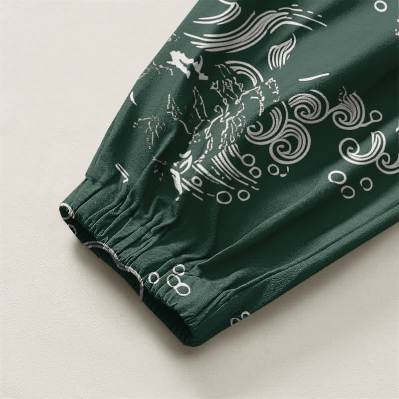 Buddha Stones Pantalones harem para hombre de algodón puro con estampado de nubes y ondas, cordón ajustable y bolsillos. - image 16