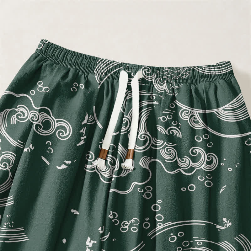 Buddha Stones Pantalones harem para hombre de algodón puro con estampado de nubes y ondas, cordón ajustable y bolsillos. - image 15