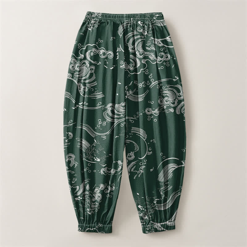 Buddha Stones Pantalones harem para hombre de algodón puro con estampado de nubes y ondas, cordón ajustable y bolsillos. - image 14