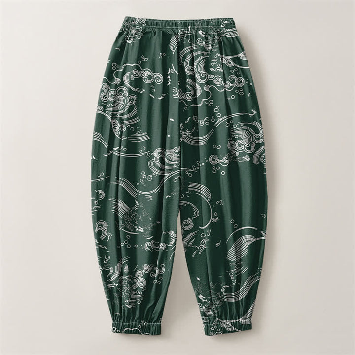 Buddha Stones Pantalones harem para hombre de algodón puro con estampado de nubes y ondas, cordón ajustable y bolsillos. - image 14