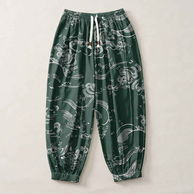 Buddha Stones Pantalones harem para hombre de algodón puro con estampado de nubes y ondas, cordón ajustable y bolsillos. - image 13