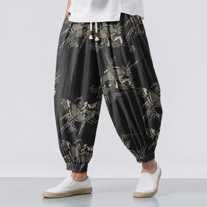 Buddha Stones Pantalones harem para hombre de algodón puro con estampado de peces koi, cordón ajustable y bolsillos. - Negro - US/UK/AU50, EU60 (5XL) - image 0