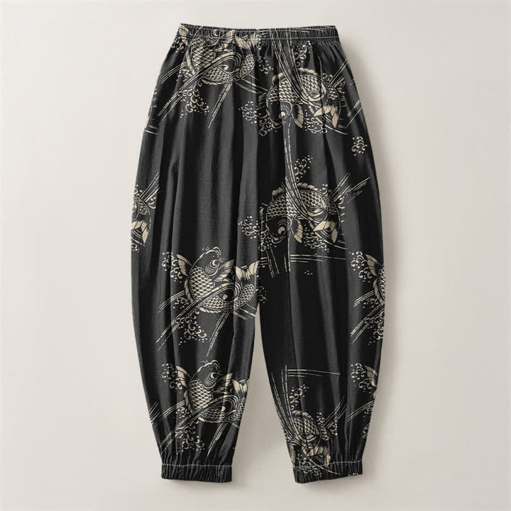 Buddha Stones Pantalones harem para hombre de algodón puro con estampado de peces koi, cordón ajustable y bolsillos. - image 2