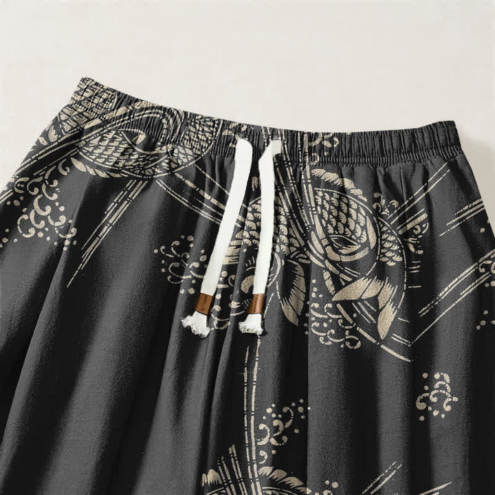 Buddha Stones Pantalones harem para hombre de algodón puro con estampado de peces koi, cordón ajustable y bolsillos. - image 3