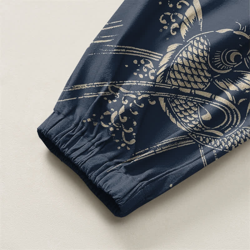 Buddha Stones Pantalones harem para hombre de algodón puro con estampado de peces koi, cordón ajustable y bolsillos. - image 10