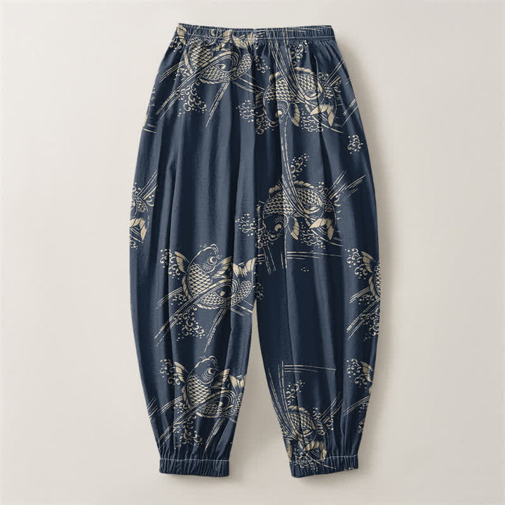 Buddha Stones Pantalones harem para hombre de algodón puro con estampado de peces koi, cordón ajustable y bolsillos. - image 8