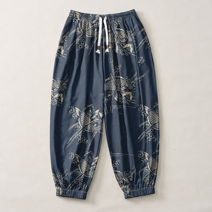 Buddha Stones Pantalones harem para hombre de algodón puro con estampado de peces koi, cordón ajustable y bolsillos. - image 7