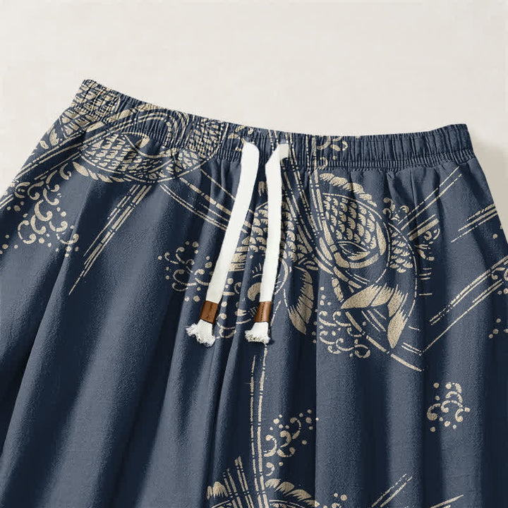 Buddha Stones Pantalones harem para hombre de algodón puro con estampado de peces koi, cordón ajustable y bolsillos. - image 9