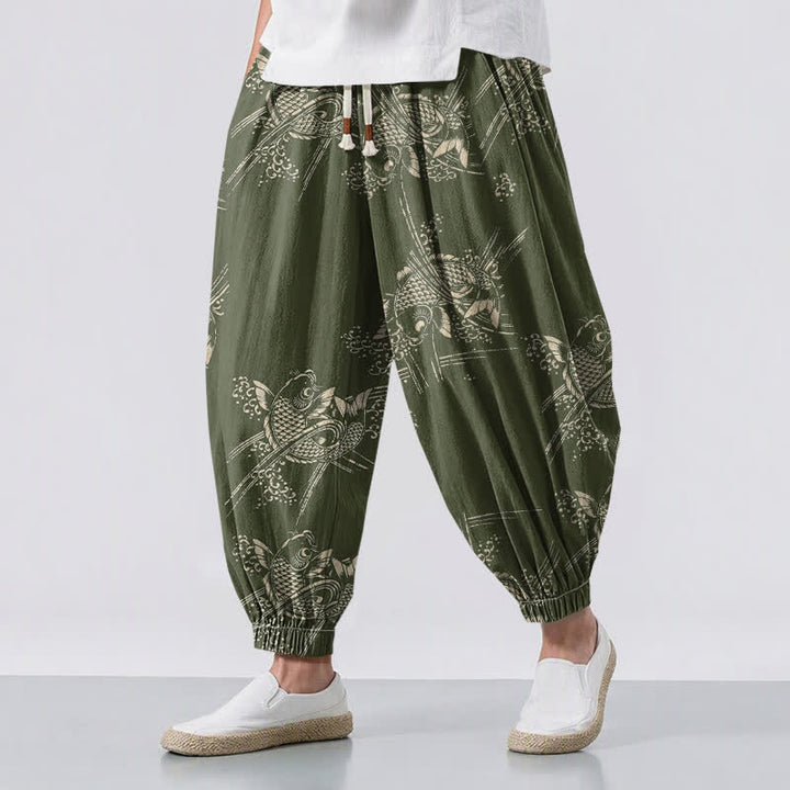Buddha Stones Pantalones harem para hombre de algodón puro con estampado de peces koi, cordón ajustable y bolsillos. - Verde oliva oscuro - US/UK/AU50, EU60 (5XL) - image 12