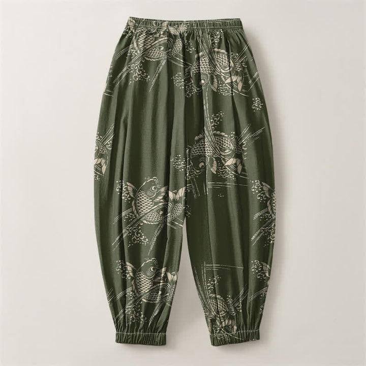 Buddha Stones Pantalones harem para hombre de algodón puro con estampado de peces koi, cordón ajustable y bolsillos. - image 14