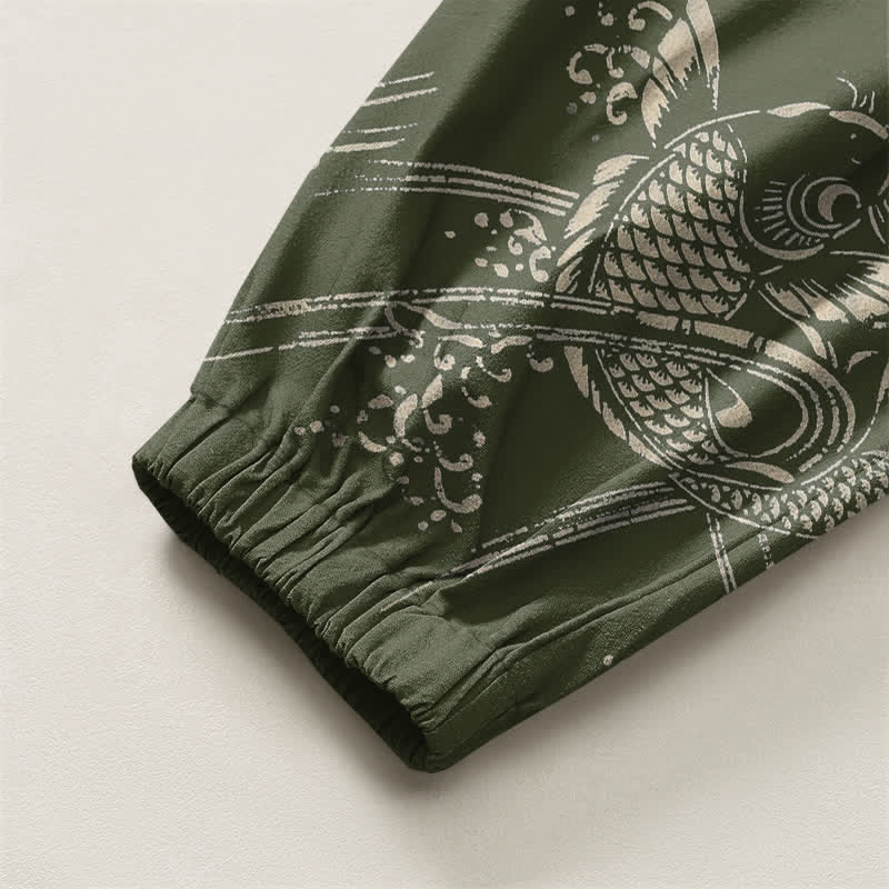Buddha Stones Pantalones harem para hombre de algodón puro con estampado de peces koi, cordón ajustable y bolsillos. - image 16