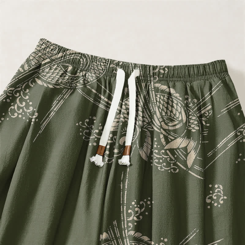 Buddha Stones Pantalones harem para hombre de algodón puro con estampado de peces koi, cordón ajustable y bolsillos. - image 15