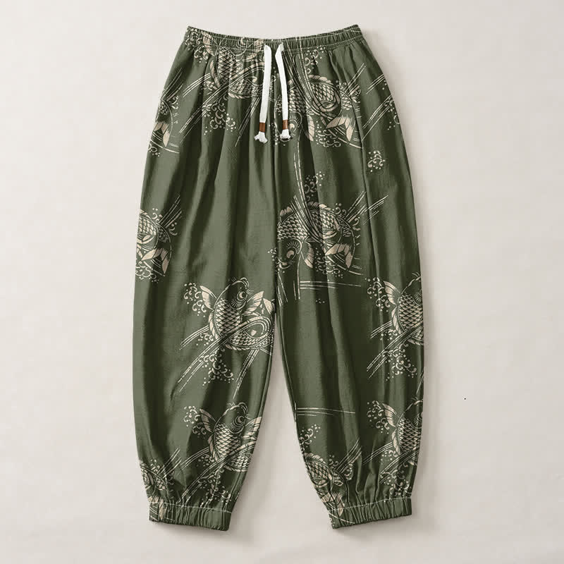 Buddha Stones Pantalones harem para hombre de algodón puro con estampado de peces koi, cordón ajustable y bolsillos. - image 13