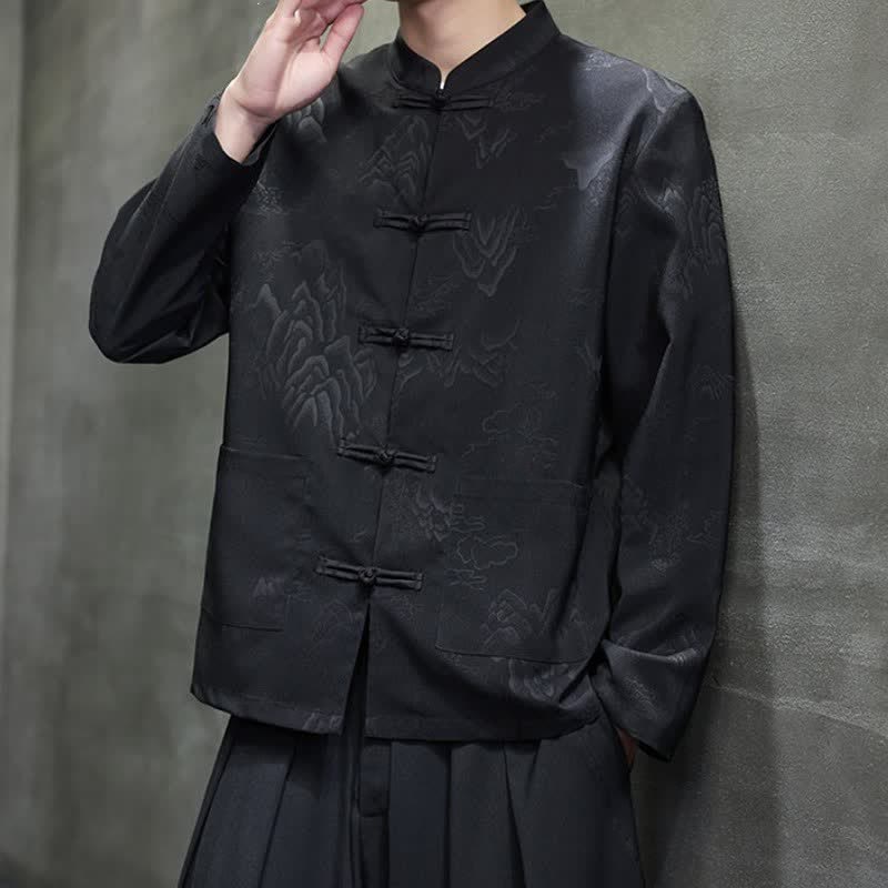 Buddha Stones Camisas de manga larga para hombre con bolsillos, estilo vintage, con botones de rana y estampado de montañas. - image 1