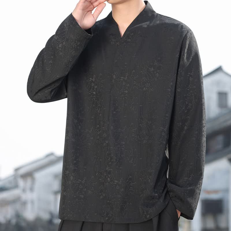 Buddha Stones Camisas de manga larga para hombre estilo Tang, minimalistas, con cuello mandarín y estampado jacquard floral. - Negro - US/UK/AU46, EU56 (5XL) - image 0