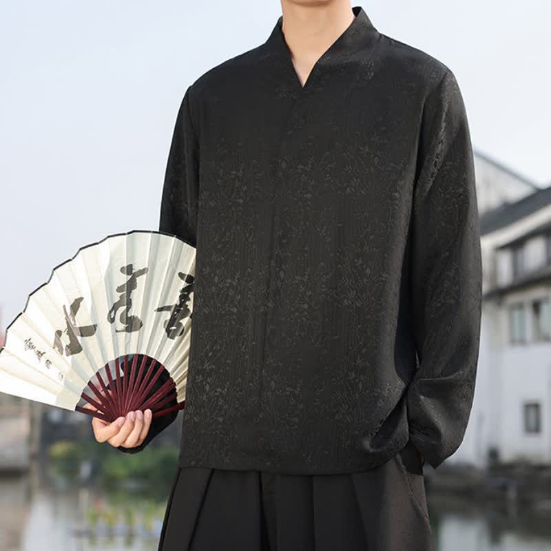 Buddha Stones Camisas de manga larga para hombre estilo Tang, minimalistas, con cuello mandarín y estampado jacquard floral. - image 1